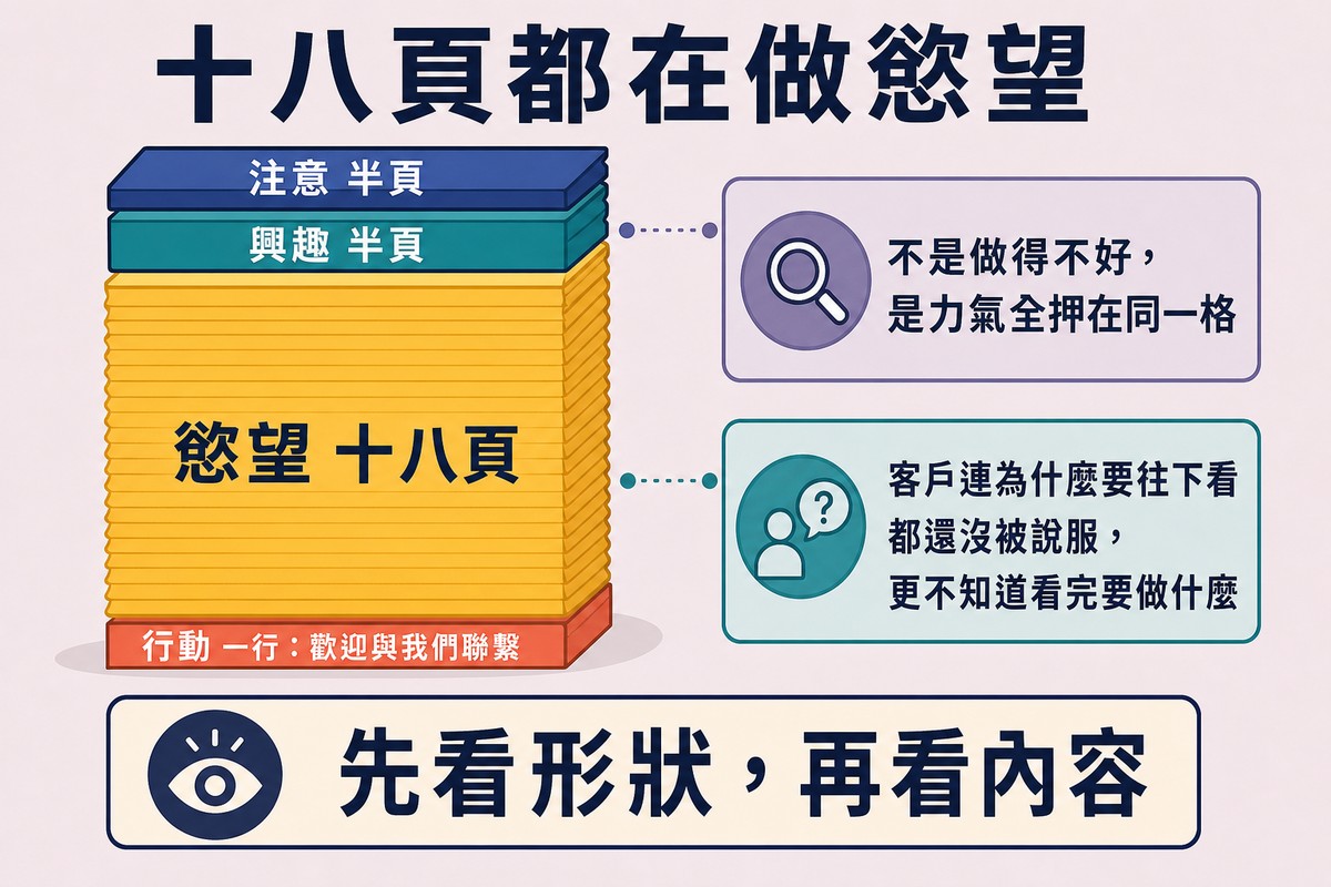 圖上方寫「十八頁都在做慾望」,一疊二十幾頁的簡報被依階段上色,注意與興趣各一小條、慾望佔了一大塊、行動只剩一行字。