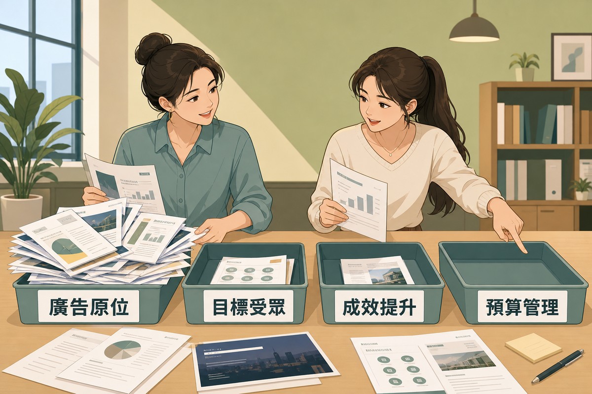 兩個同事在桌邊把簡報、傳單、列印出來的網頁分類放進四個標示好的托盤，大部分都堆在同一個托盤裡，其中一人指著幾乎空著的最後一個托盤。