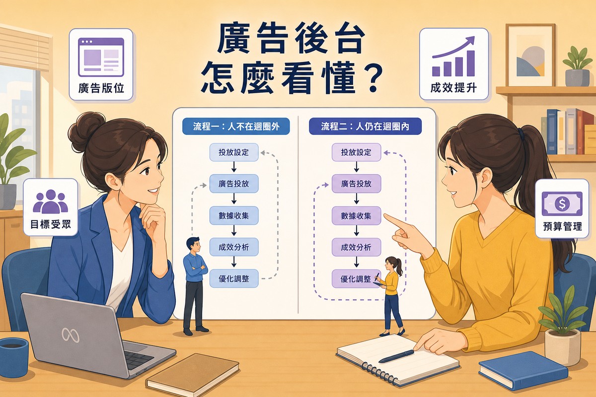 兩個同事在桌前看著一張兩欄的紙，一邊的流程圖裡人站在迴圈外面，另一邊同樣的流程裡人還在裡面、手上拿著筆懸在產出上，其中一人正指著第二張圖。