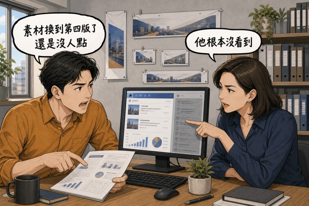 一位媒體採購與一位策略顧問在辦公室對談，採購拍著報表說「素材換到第四版了還是沒人點」，顧問指著螢幕上被淡化的右欄回應「他根本沒看到」