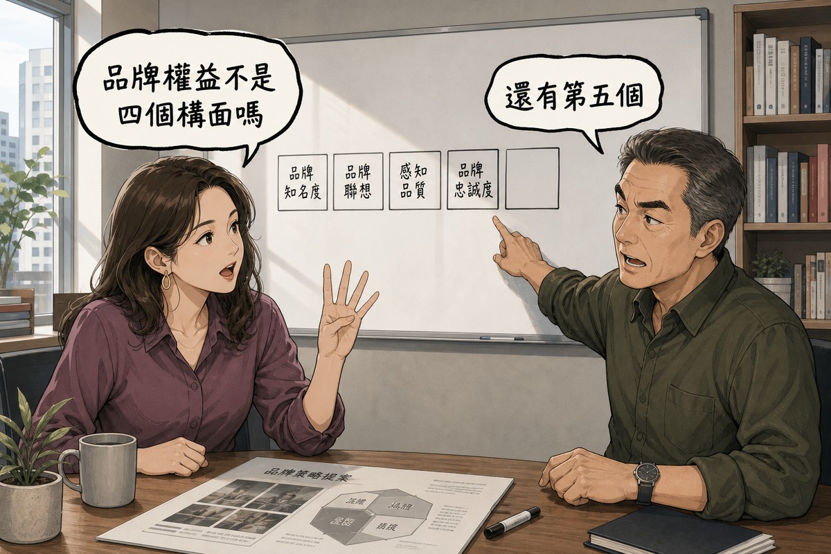 一位品牌經理與一位資深顧問在會議室對談,經理扳著四根手指說「品牌權益不是四個構面嗎」,顧問指著白板上空著的第五格回應「還有第五個」