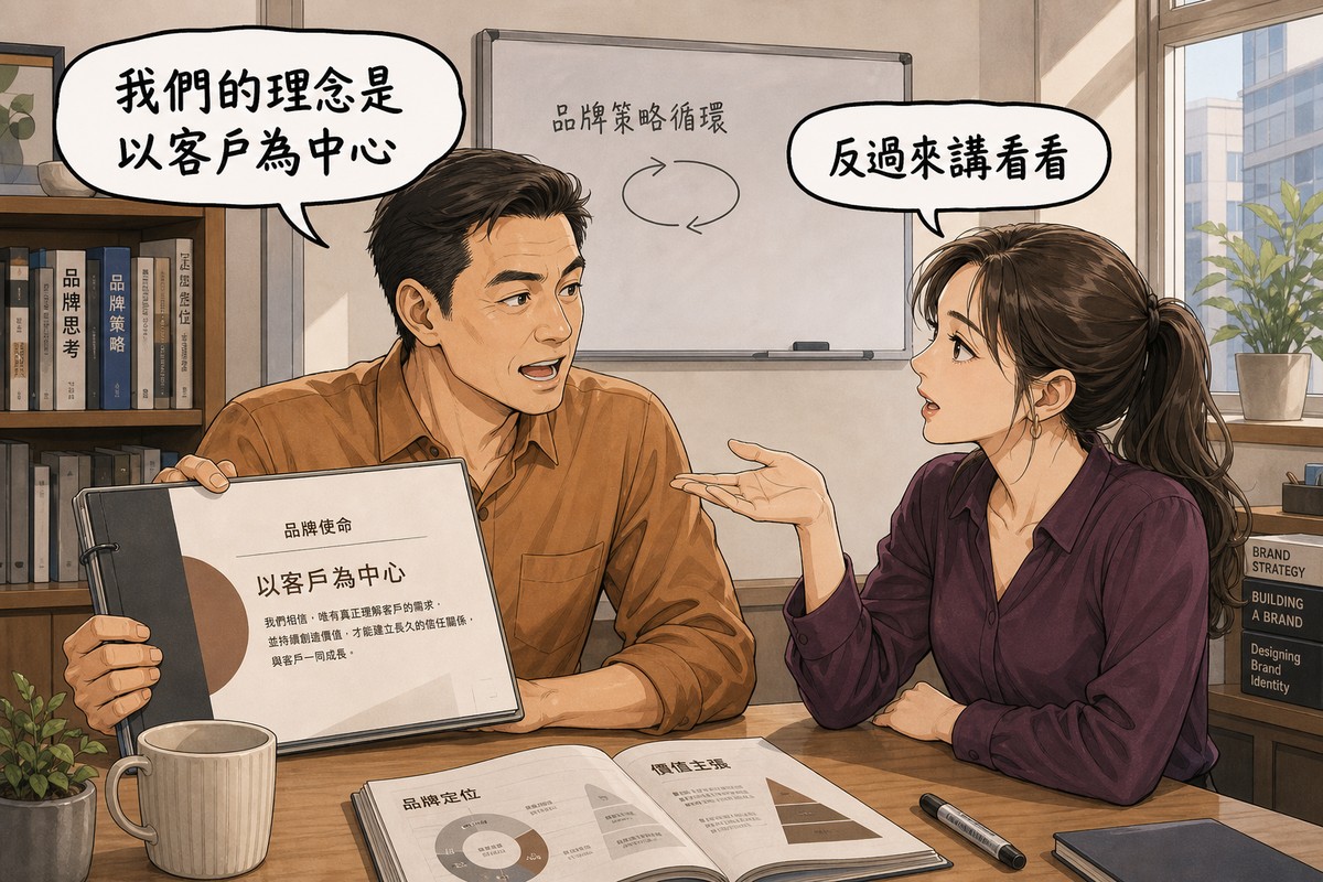 一位公司創辦人與一位品牌顧問在會議室對談,創辦人舉著簡報說「我們的理念是以客戶為中心」,顧問做出翻轉手勢回應「反過來講看看」