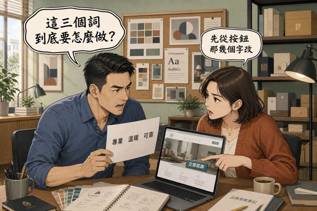 一男一女在品牌設計工作室隔桌對談，男方舉著只印著專業、溫暖、可靠三個詞的簡報，氣泡寫「這三個詞到底要怎麼做？」，女方指著筆電上的按鈕回應「先從按鈕那幾個字改」