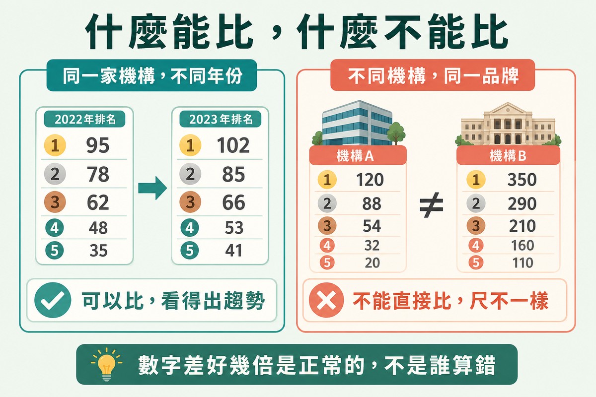 左右對照,左邊同一機構不同年份的榜單可以比出趨勢,右邊不同機構同一品牌的數字差距很大不能直接比