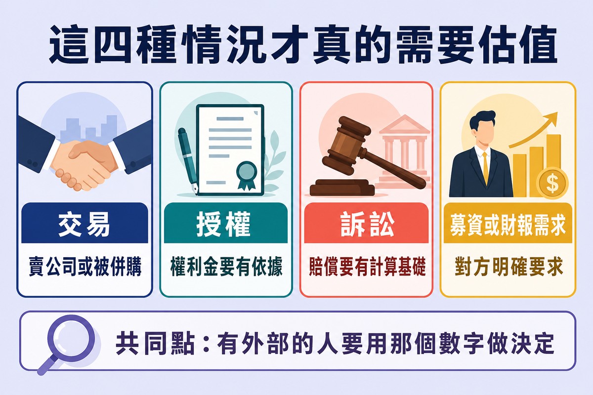 四張卡片,分別是交易、授權、訴訟與募資財報需求,下方橫幅點出共同點是有外部的人要用那個數字