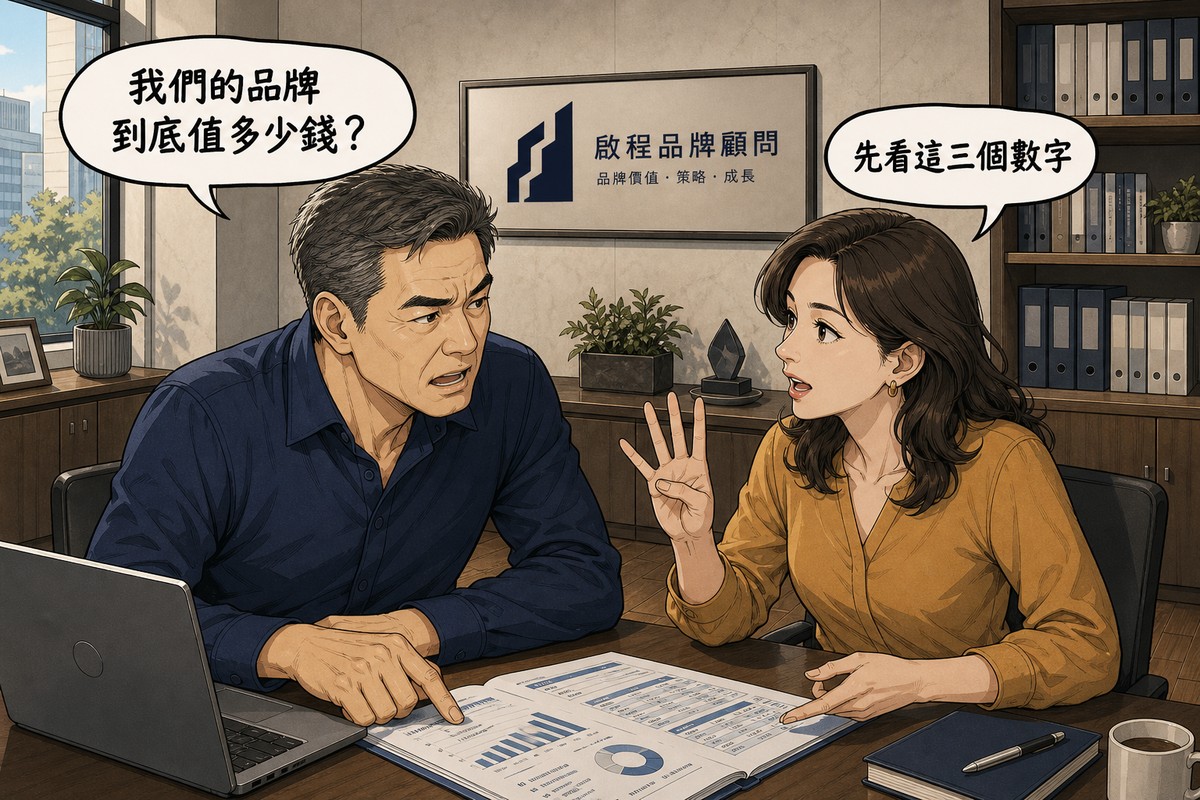 一男一女在會議室隔桌對談,男方手按著財務報表,氣泡寫「我們的品牌到底值多少錢?」,女方比出三根手指回應「先看這三個數字」