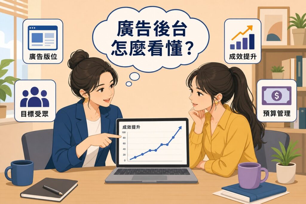 兩個同事在桌前，一份印著勾選欄的問卷被推到一旁，面前改放著顯示單一指標折線上升的筆電，其中一人指著圖表而不是問卷。