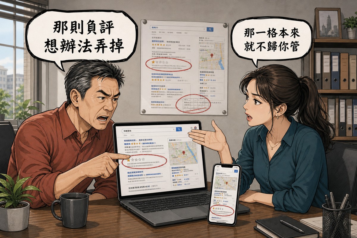 一位企業主與一位SEO顧問在辦公室對談,企業主戳著筆電螢幕說「那則負評想辦法弄掉」,顧問手勢掃過整頁搜尋結果回應「那一格本來就不歸你管」