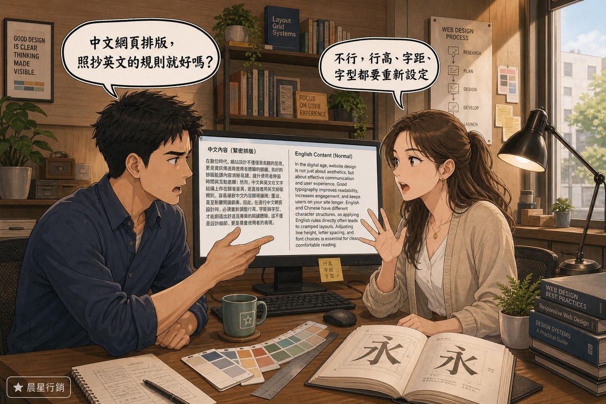一男一女在設計工作室裡討論，男性質疑中文網頁排版能不能照抄英文規則，女性指出行高字距字型都要重新設定，螢幕上並排顯示緊密的中文排版與正常的英文排版