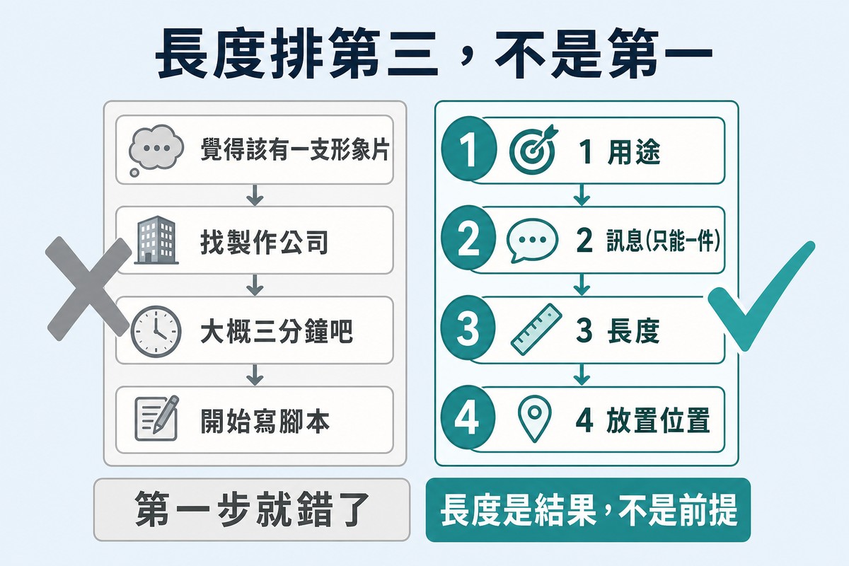 左右兩條流程,左邊打叉的是先想形象片再問要多長,右邊打勾的是依用途、訊息、長度、放置位置的順序