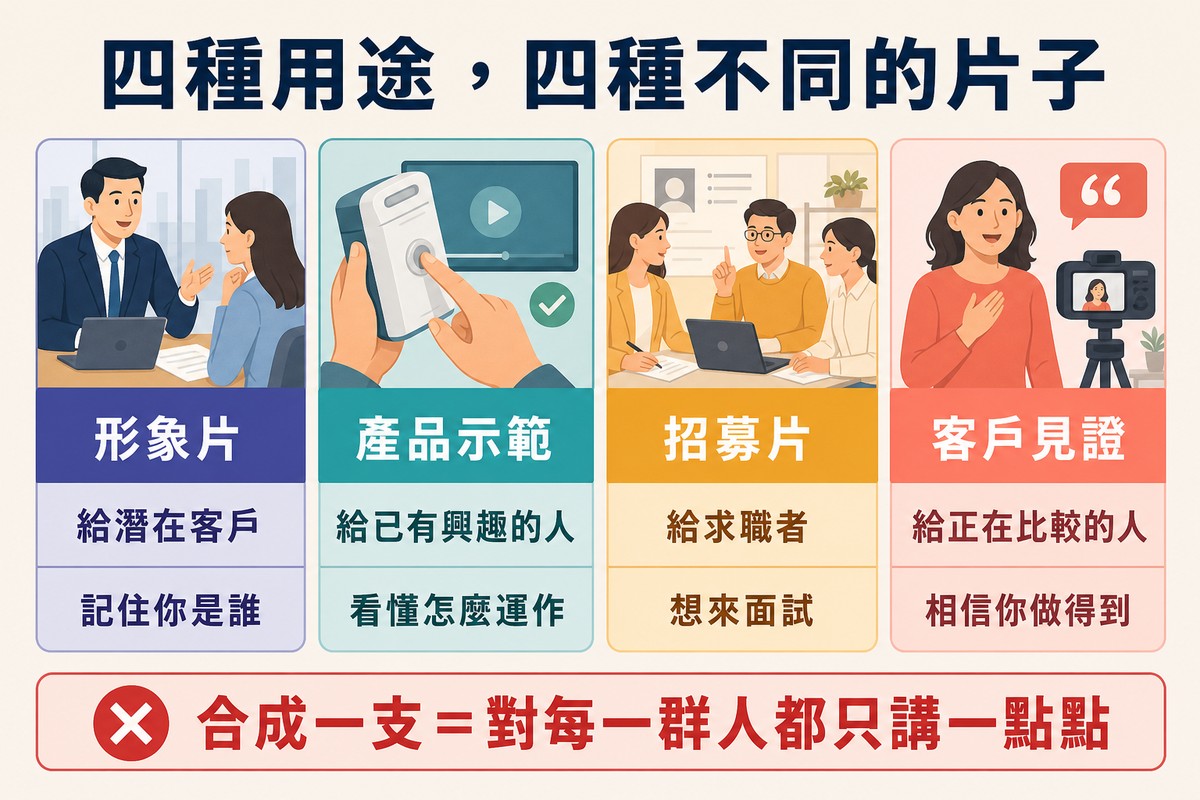 四欄對照,形象片、產品示範、招募片、客戶見證各自標出給誰看、看完要他做什麼與內容重心