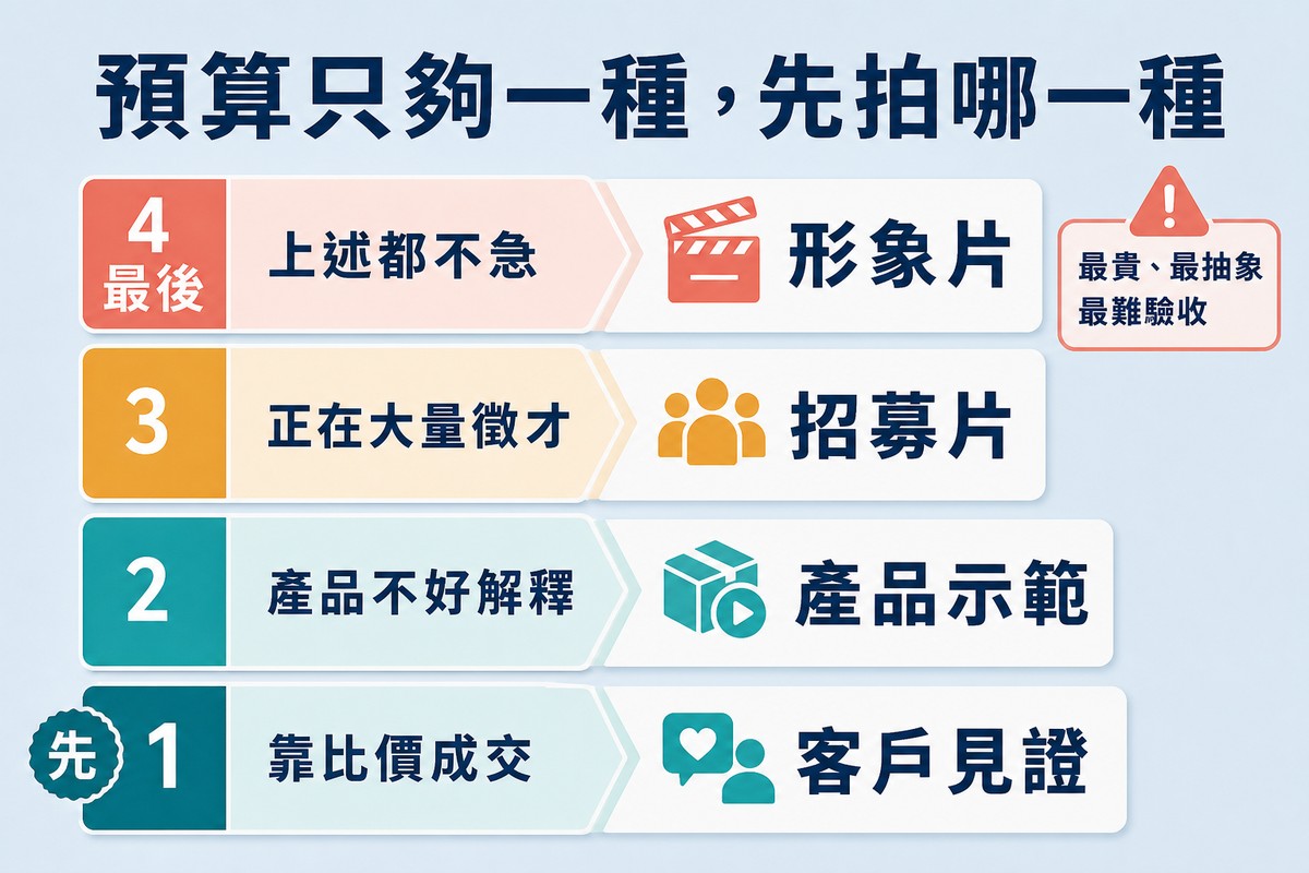 四階梯子圖,由下而上分別是客戶見證、產品示範、招募片與形象片,形象片被標為最後且最難驗收