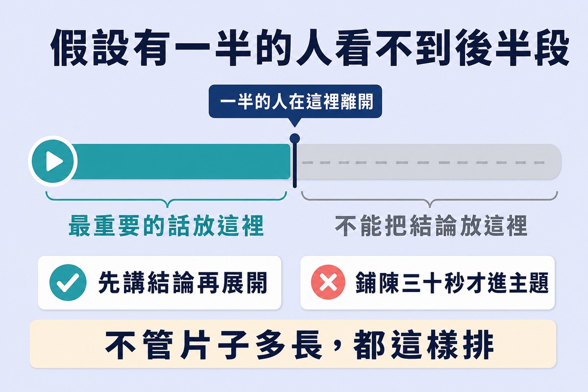 一條影片時間軸,前三分之一以實色標示為最重要的話放這裡,中點標示一半的人在這裡離開,後半段灰掉