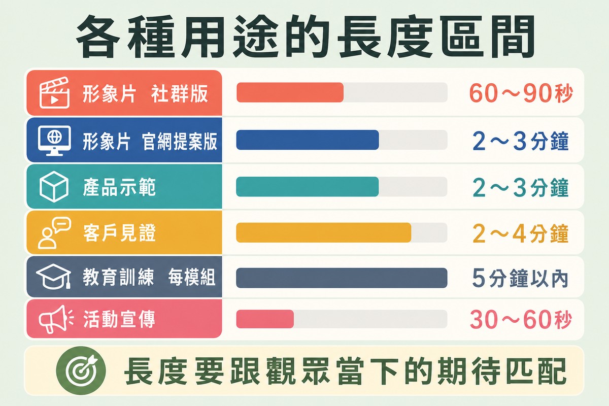 六列長度對照表,每列以長短不同的橫條標示各用途的建議長度區間