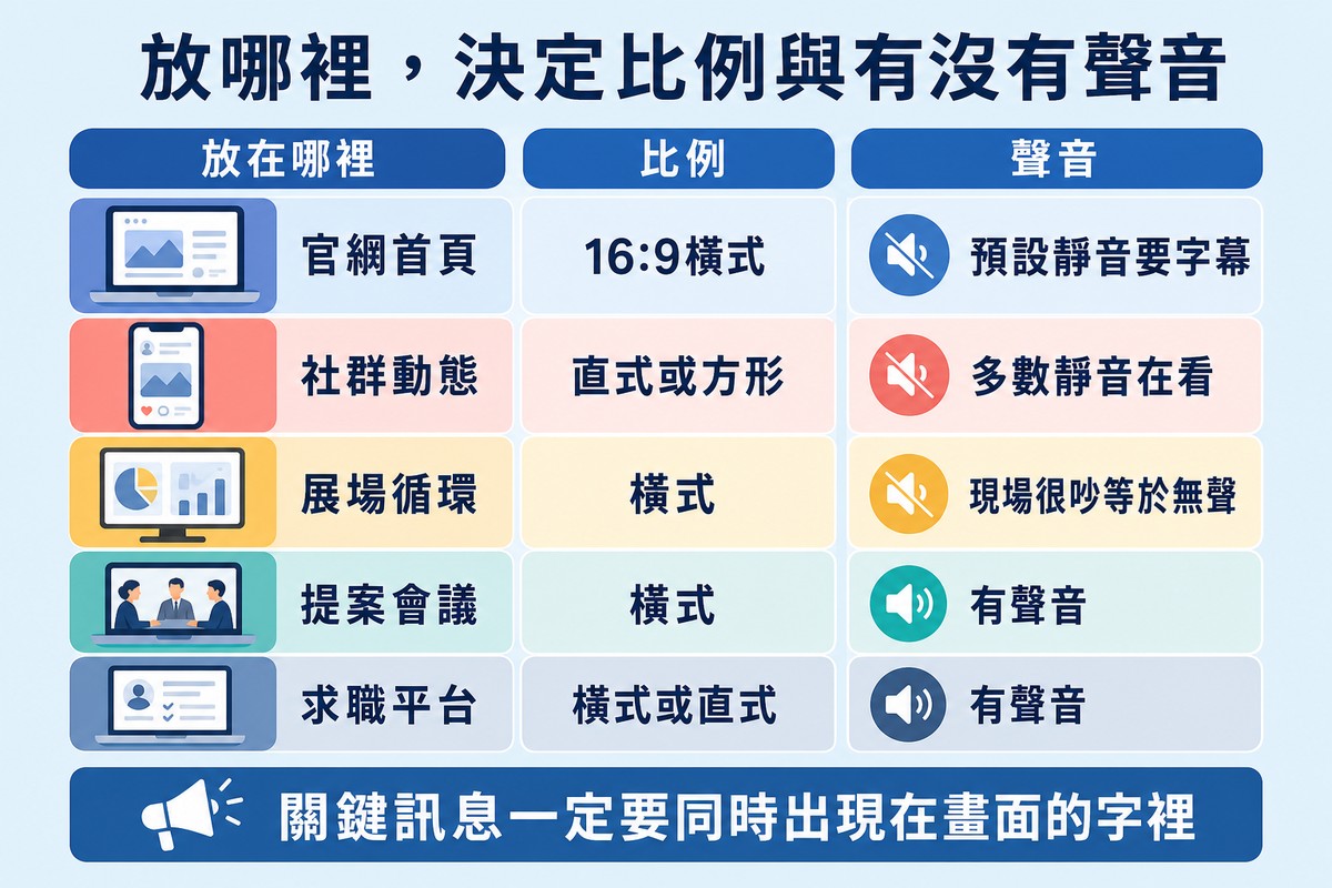 五列對照表,依官網、社群、展場、提案與求職平台,各標出比例與聲音的要求