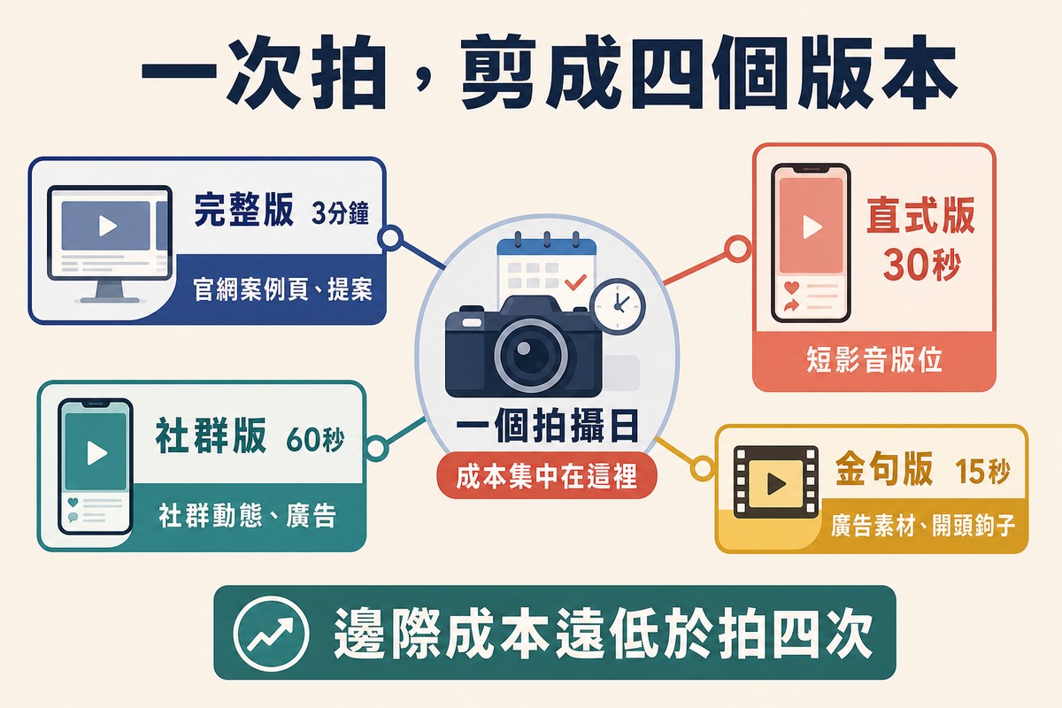 中央一個拍攝日圖示分出四條線,通往完整版、社群版、直式版與金句版四張不同形狀的輸出卡
