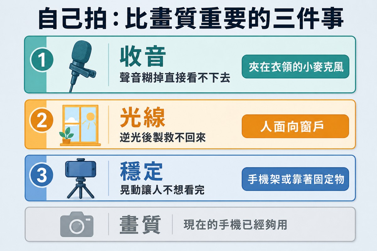 三張優先序卡片,依序是收音、光線與穩定,下方是被降級的畫質卡片