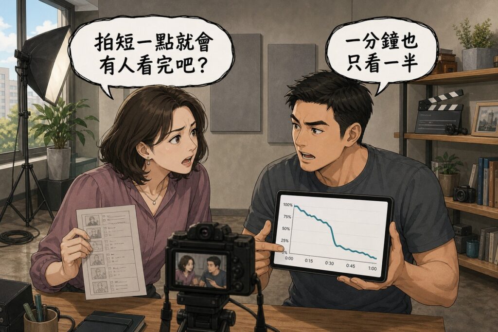 一男一女在拍攝現場隔著器材對談,女方拿著拍攝清單,氣泡寫「拍短一點就會有人看完吧?」,男方舉著顯示留存曲線的平板回應「一分鐘也只看一半」