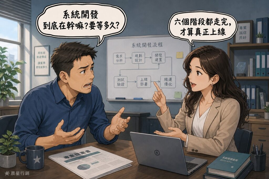企業主與系統開發顧問在辦公室對談,背後白板畫著系統開發流程的六階段流程圖,顧問說六個階段都走完才算真正上線