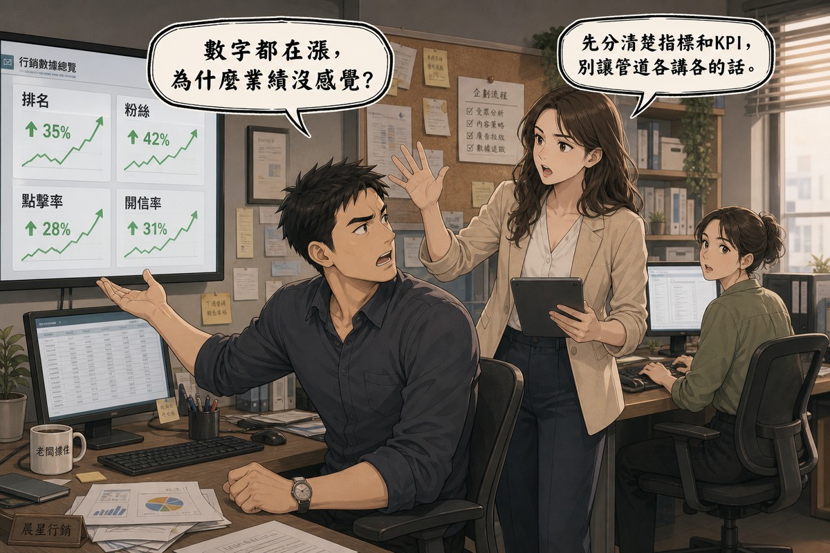 老闆坐在辦公桌前扭頭盯著牆上大螢幕,螢幕顯示排名、粉絲、點擊率、開信率四項數字都在上升,他一臉困惑攤手發問;旁邊女性行銷顧問手拿平板站著解釋,後方另一位員工在電腦前回頭看,辦公室牆上貼滿便利貼與企劃流程清單