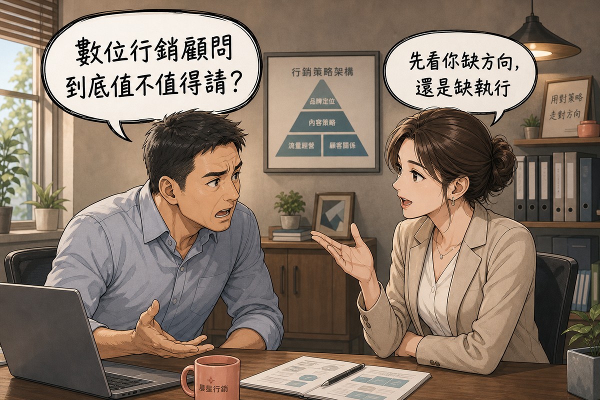 一位皺眉張嘴發問的男性業主與一位微笑比手勢直視他解釋的女性行銷顧問,坐在暖灰色會議室裡對談,牆上掛著行銷策略架構圖,背後有書櫃、窗戶與植栽,兩個手繪對話氣泡,左邊寫『數位行銷顧問到底值不值得請?』,右邊寫『先看你缺方向,還是缺執行』
