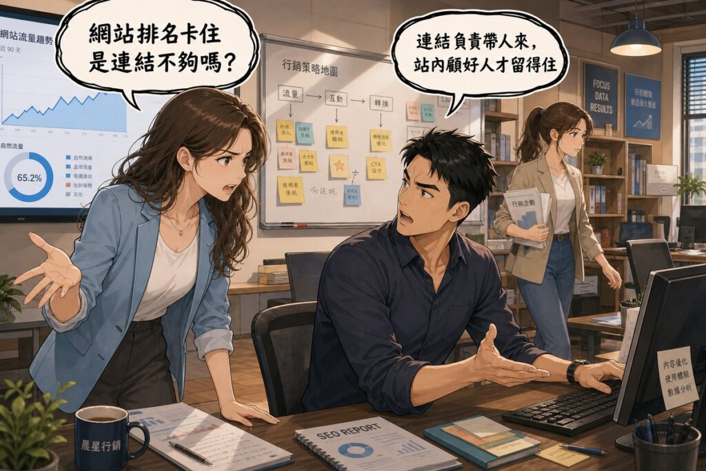 辦公室裡三位行銷人員的漫畫情境圖，前景女性焦急發問網站排名卡住是不是連結不夠，中景男性坐在電腦前回頭回答連結負責帶人來站內顧好人才留得住，背景女性正拿著資料走進來，牆上有流量趨勢螢幕與行銷策略地圖白板