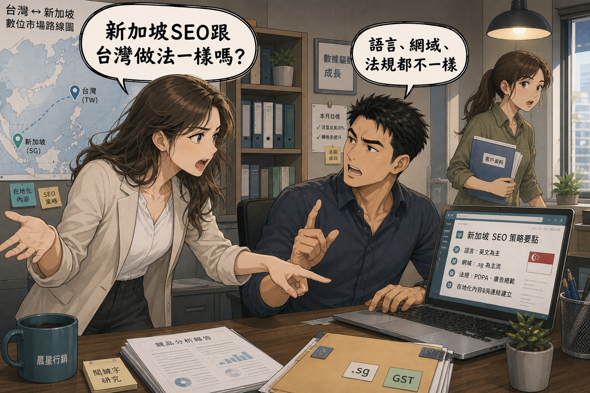 辦公室裡三位台灣行銷團隊成員：前景女性企業主著急比著筆電螢幕發問「新加坡SEO跟台灣做法一樣嗎」，中景男性顧問轉頭直視回答「語言、網域、法規都不一樣」，背景同事拿著客戶資料走進來，牆上掛著台灣與新加坡航線地圖，桌上文件夾標著.sg與GST字樣