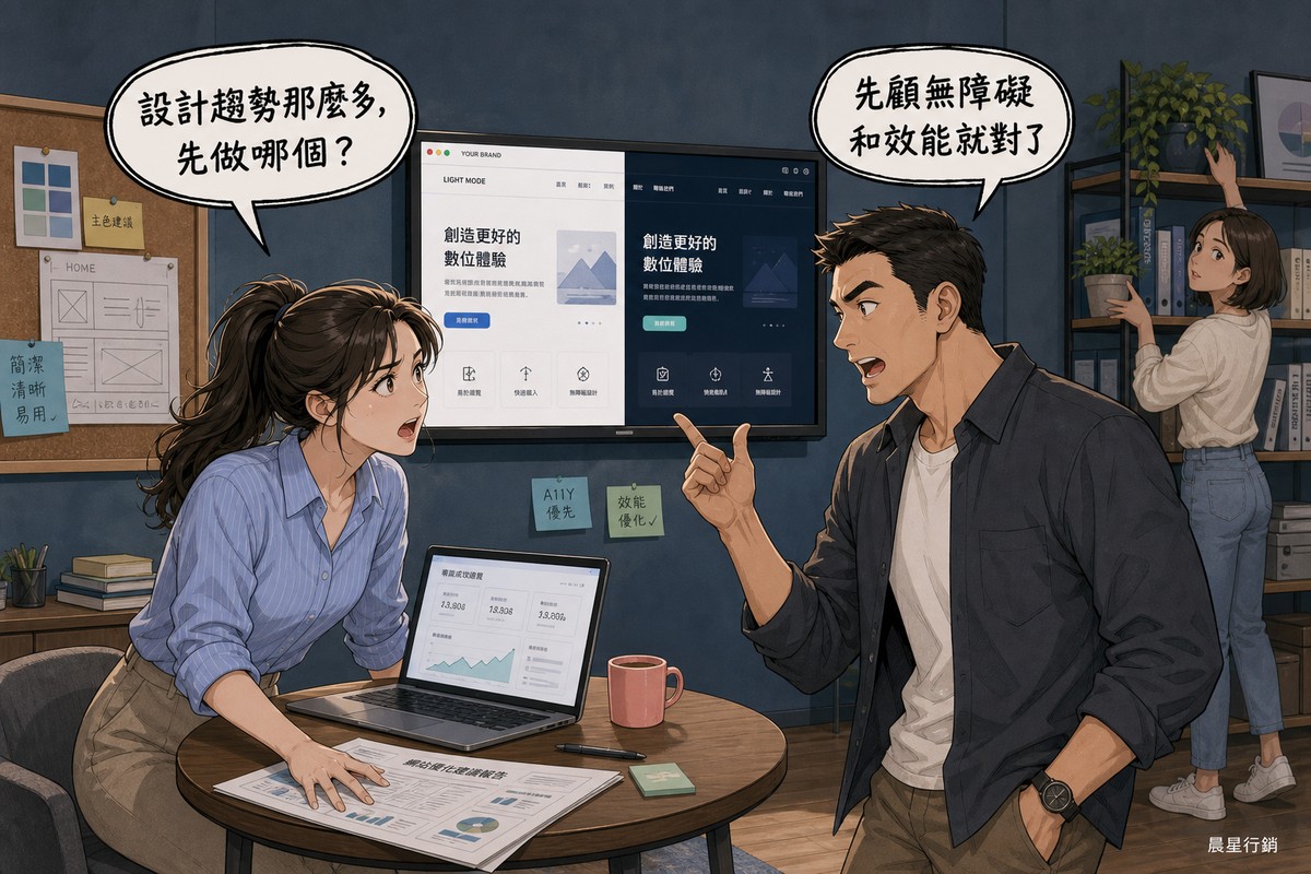 兩位設計顧問在工作室裡對話,牆上螢幕顯示淺色與深色模式對照的網頁畫面,女生問設計趨勢那麼多先做哪個,男生回答先顧無障礙和效能就對了
