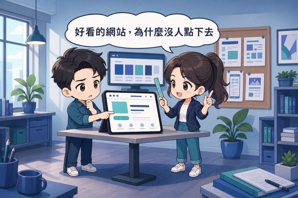 兩位卡通人物在工作室裡看著平板上的網頁設計稿,一人困惑地指著畫面上的按鈕,另一人拿著小尺自信地解說,對話框寫著好看的網站為什麼沒人點下去,背景牆上有色彩對比色塊螢幕與版面草圖看板
