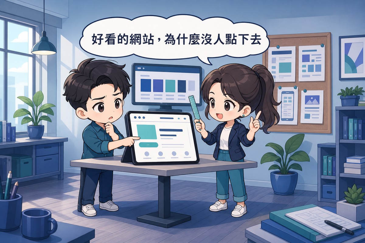 兩位卡通人物在工作室裡看著平板上的網頁設計稿,一人困惑地指著畫面上的按鈕,另一人拿著小尺自信地解說,對話框寫著好看的網站為什麼沒人點下去,背景牆上有色彩對比色塊螢幕與版面草圖看板