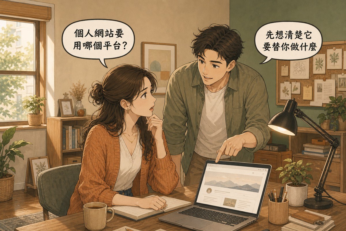 手繪風插畫。一名女性坐在書桌前看著筆電，身旁一名男性指著螢幕，兩人上方各有一個對話框，分別寫著「個人網站要用哪個平台？」與「先想清楚它要替你做什麼」。