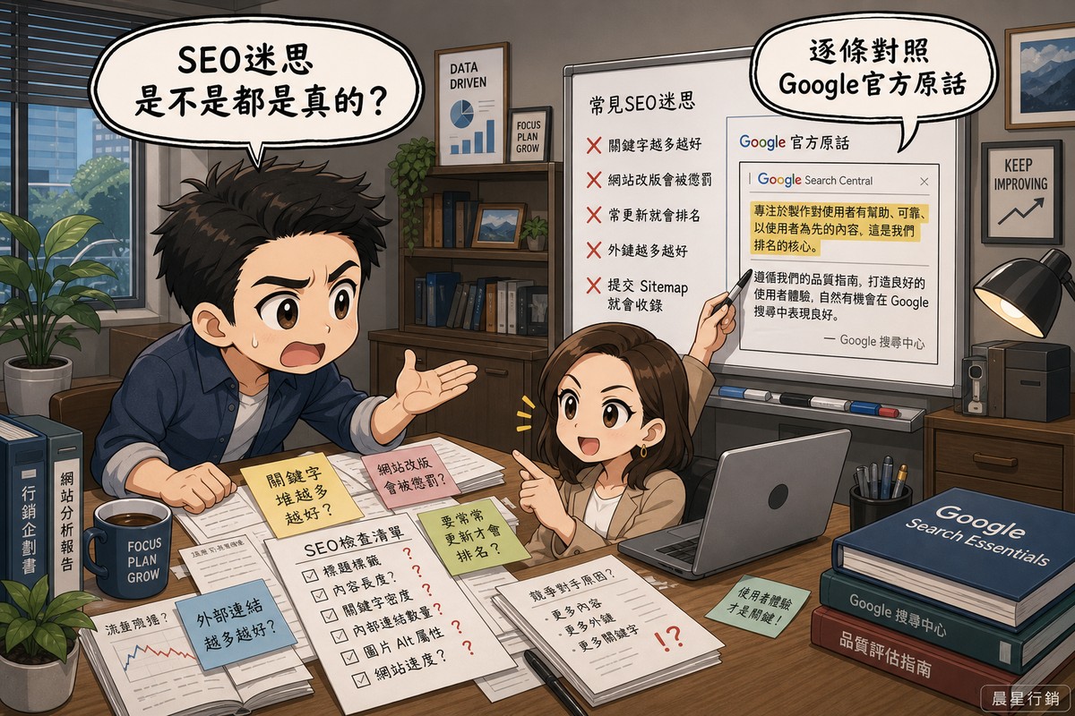 企業主坐在堆滿SEO檢查清單與便利貼的辦公桌前，神情焦急地發問，一旁的行銷顧問指著白板上的Google官方原文段落，正在逐條說明
