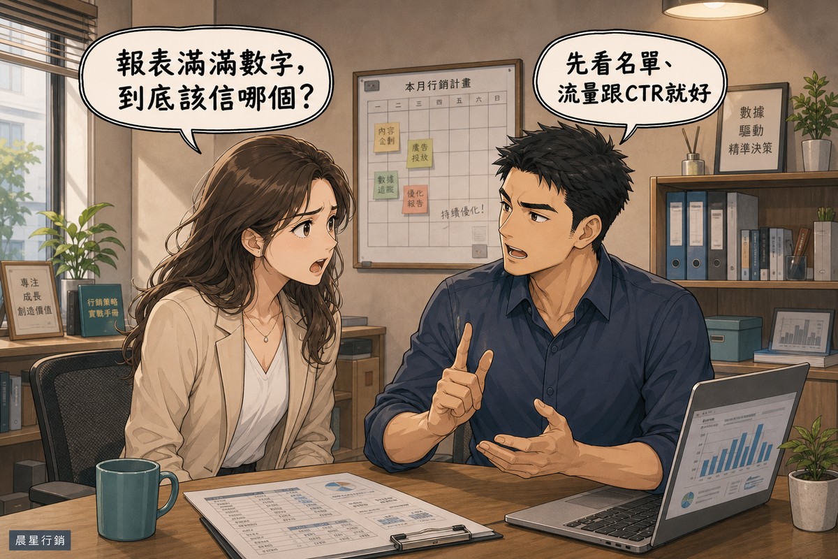 女性行銷主管拿著印出來的報表焦急發問，男性行銷顧問手指比出說明手勢，兩人坐在放滿行銷計畫白板與書櫃的辦公室裡對談，左側氣泡寫著報表滿滿數字到底該信哪個，右側氣泡寫著先看名單流量跟CTR就好