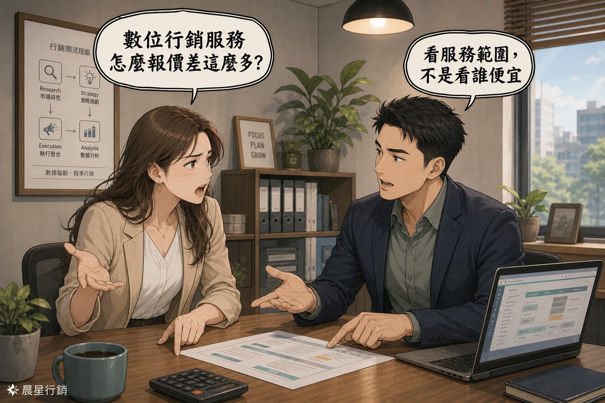 兩位商務人士在會議室對談,左邊的人指著報價單問數位行銷服務怎麼報價差這麼多,右邊的顧問回答看服務範圍不是看誰便宜,牆上掛著行銷流程圖,桌上有筆電與報價單