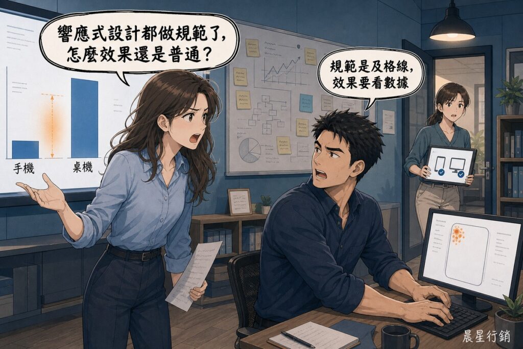 辦公室裡三位工作者：前景女性指著牆上手機與桌機轉換率長條圖對男性提問響應式設計都做規範了效果還普通，坐著的男性回答規範是及格線效果要看數據，背景另一位女性拿平板走進來