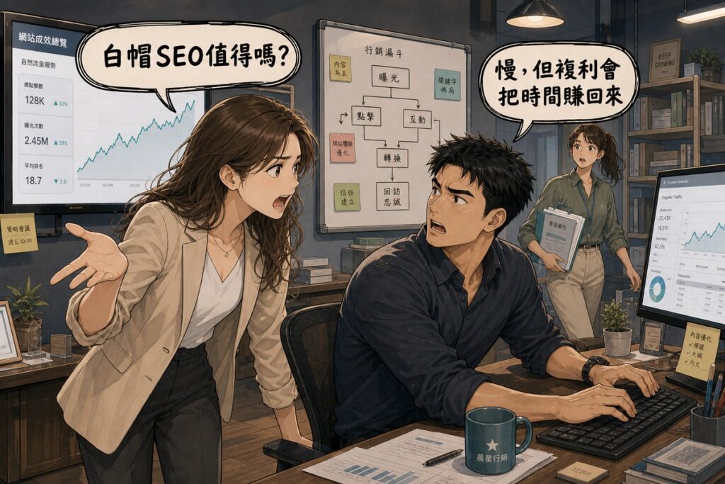 辦公室裡三位行銷人員:前景女性顧問正肯定地回答「慢,但複利會把時間賺回來」,中景男性分析師轉頭發問「白帽SEO值得嗎?」,背景同事拿著報告走進畫面,牆上螢幕顯示流量成長曲線