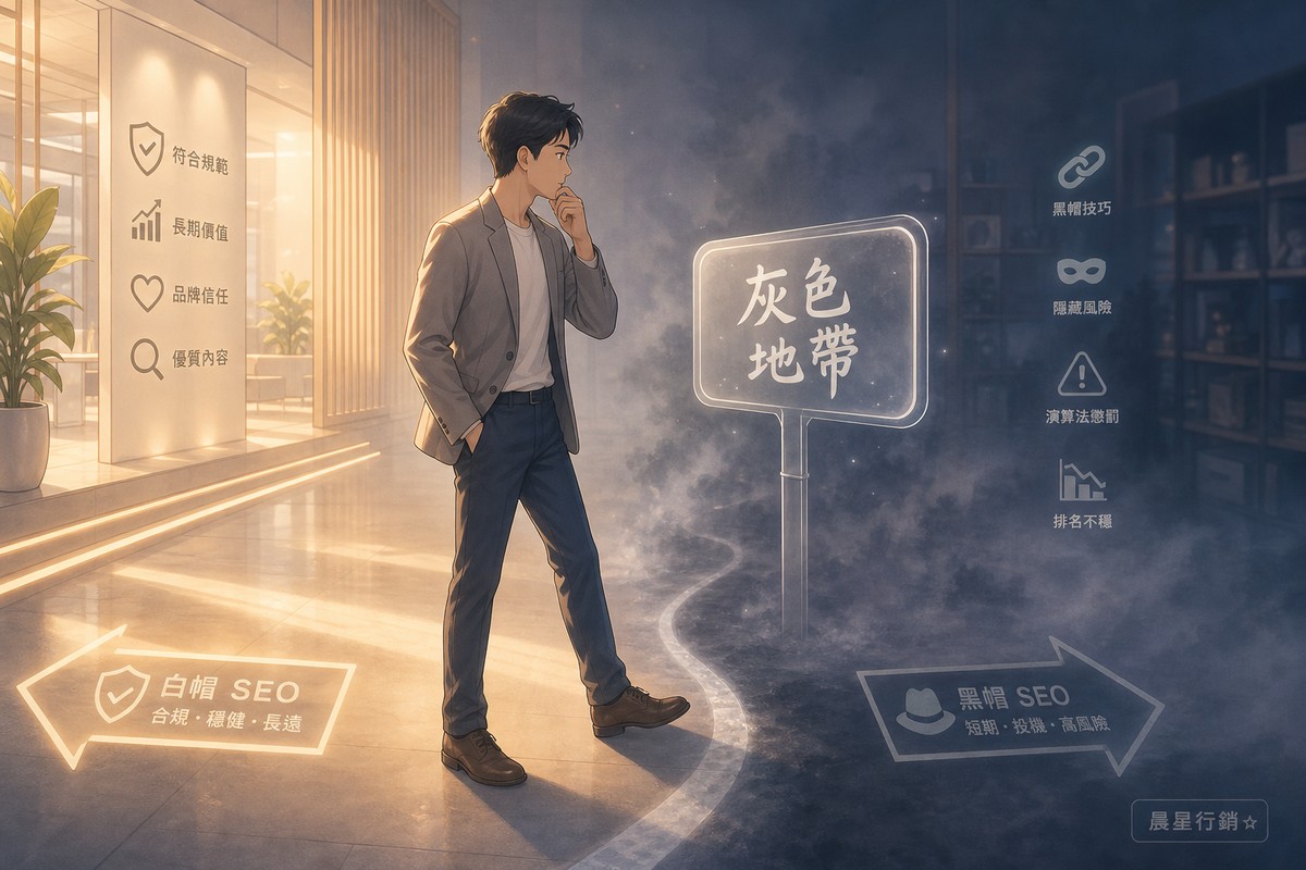 一位男性站在明亮乾淨區域與朦朧霧氣區域的交界處，望著寫著「灰色地帶」的發光告示牌，兩側分別標示白帽SEO與黑帽SEO的方向指示