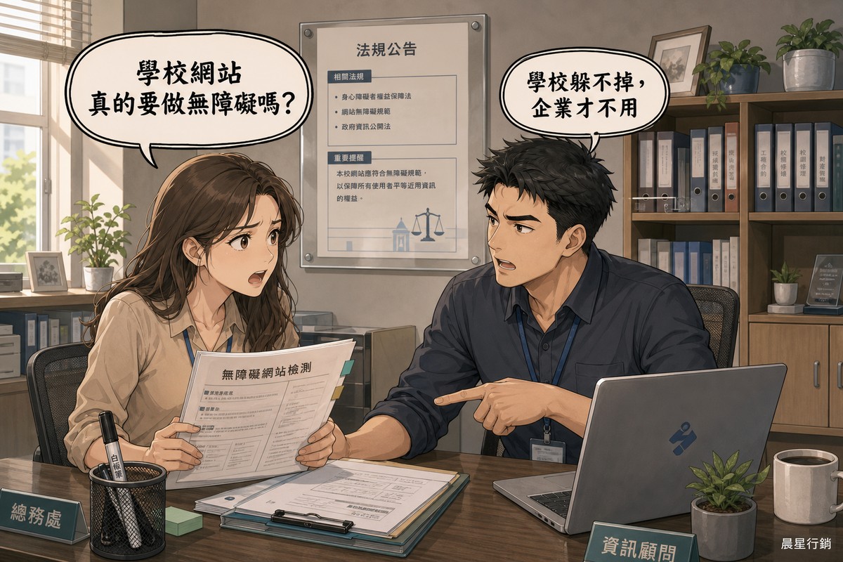 總務處承辦人員與資訊顧問在辦公室對談,女性拿著無障礙網站檢測公文夾著急發問「學校網站真的要做無障礙嗎?」,男性指著公文夾回答「學校躲不掉,企業才不用」,牆上貼著法規公告