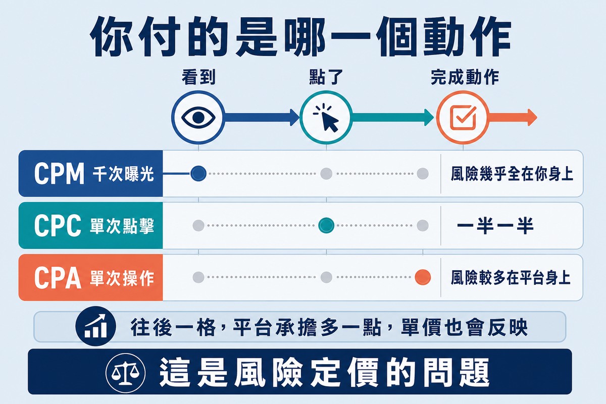 圖上方寫「你付的是哪一個動作」,一條從看到、點了到完成動作的旅程線,CPM、CPC、CPA 三列各自標出收費觸發點與風險落在誰身上。