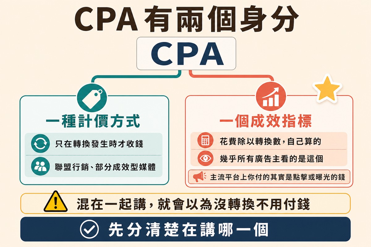 圖上方寫「CPA 有兩個身分」,中央一張 CPA 卡片分成兩支:左邊是一種計價方式、右邊是一個成效指標,下方標註主流平台上付的其實是點擊或曝光的錢。