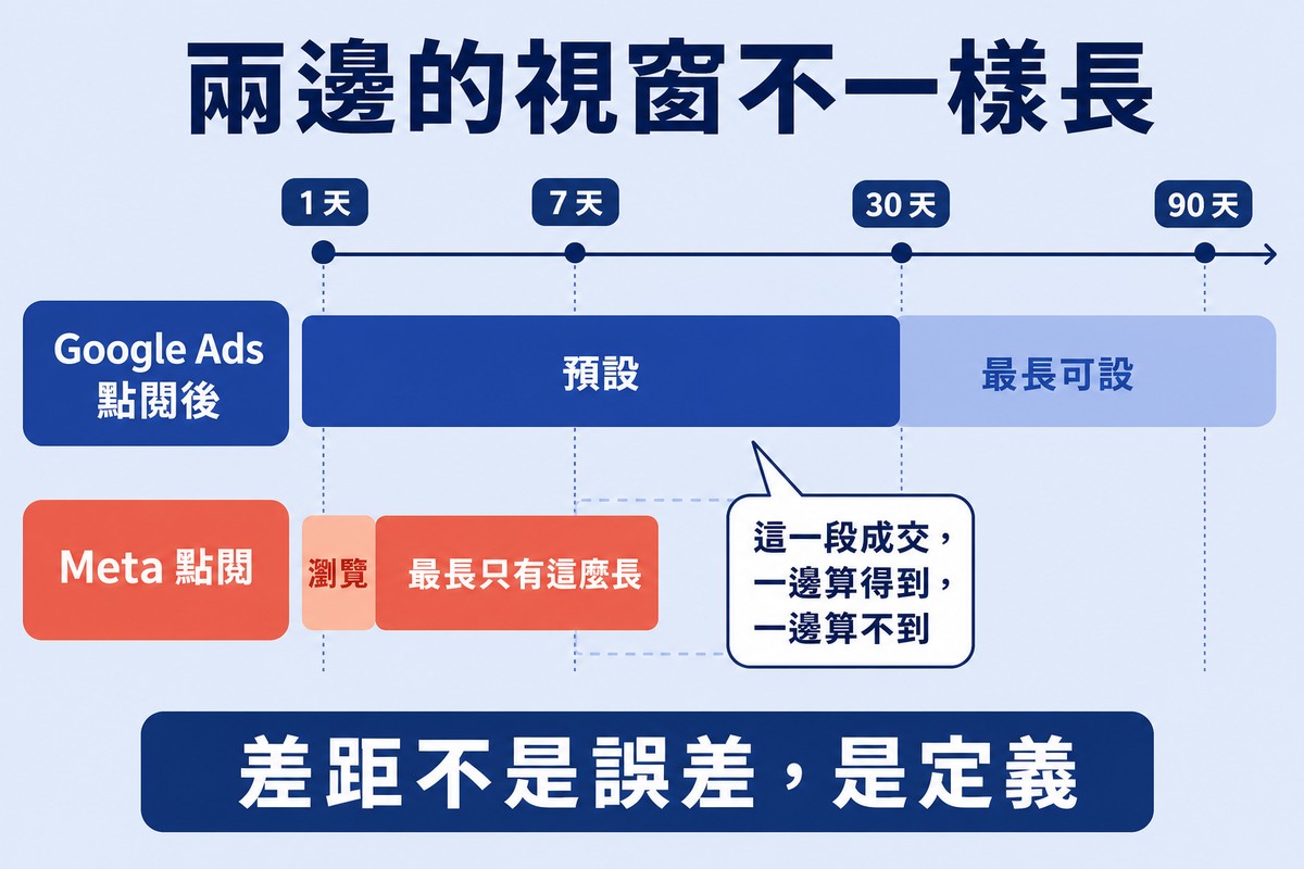 圖上方寫「兩邊的視窗不一樣長」,同一條時間尺上,Google Ads 點閱後預設 30 天、最長 90 天的長條,對比 Meta 點閱最長只有 7 天的短條。