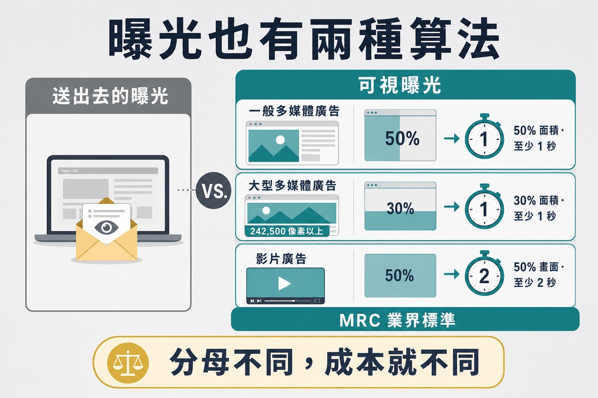 圖上方寫「曝光也有兩種算法」,左欄是送出去的曝光,右欄的可視曝光分三列標出一般多媒體 50% 面積 1 秒、大型廣告 30% 面積 1 秒、影片 50% 畫面 2 秒。