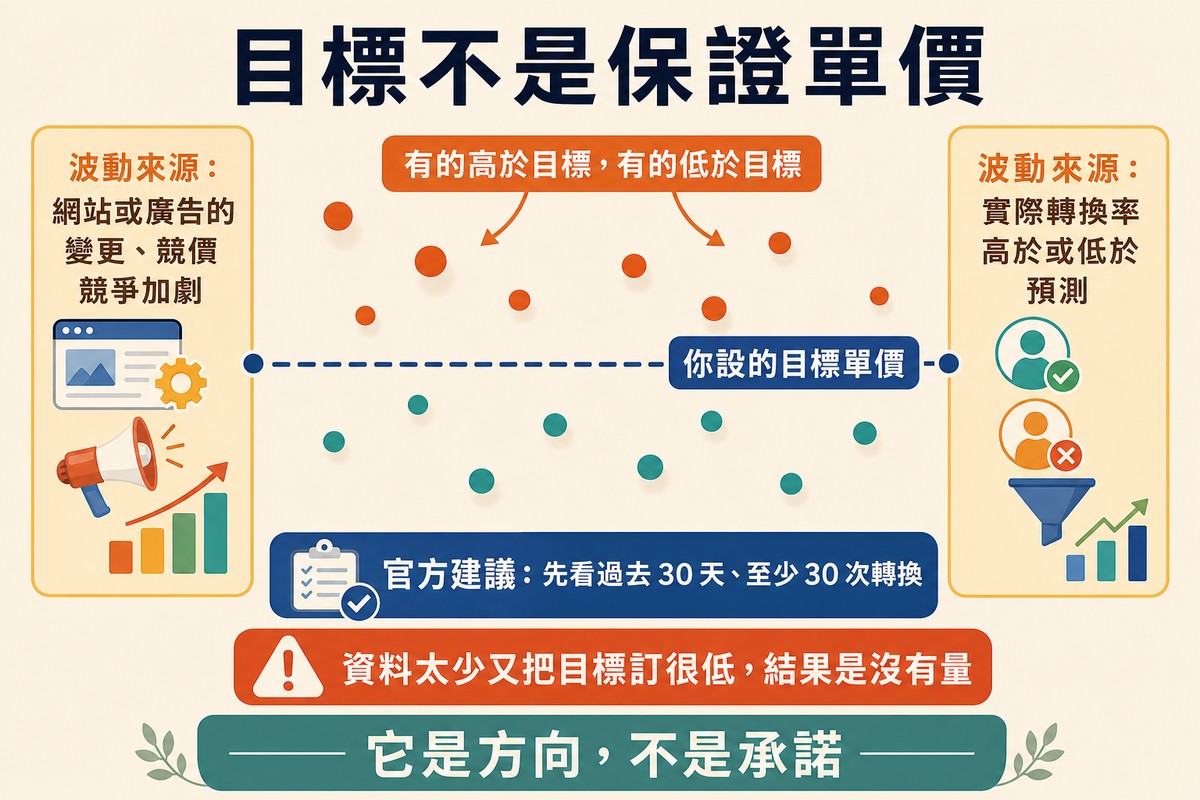 圖上方寫「目標不是保證單價」,一條虛線代表你設的目標單價,實際成本的點散落在線的上下方,兩側標出官方列的波動原因與三十天三十次轉換的前提。