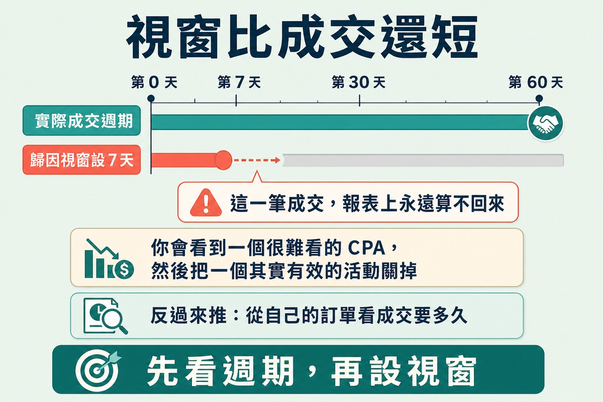 圖上方寫「視窗比成交還短」,同一條時間尺上實際成交週期延伸到第六十天,歸因視窗只到第七天,中間空白處標著這一筆成交報表上算不回來。
