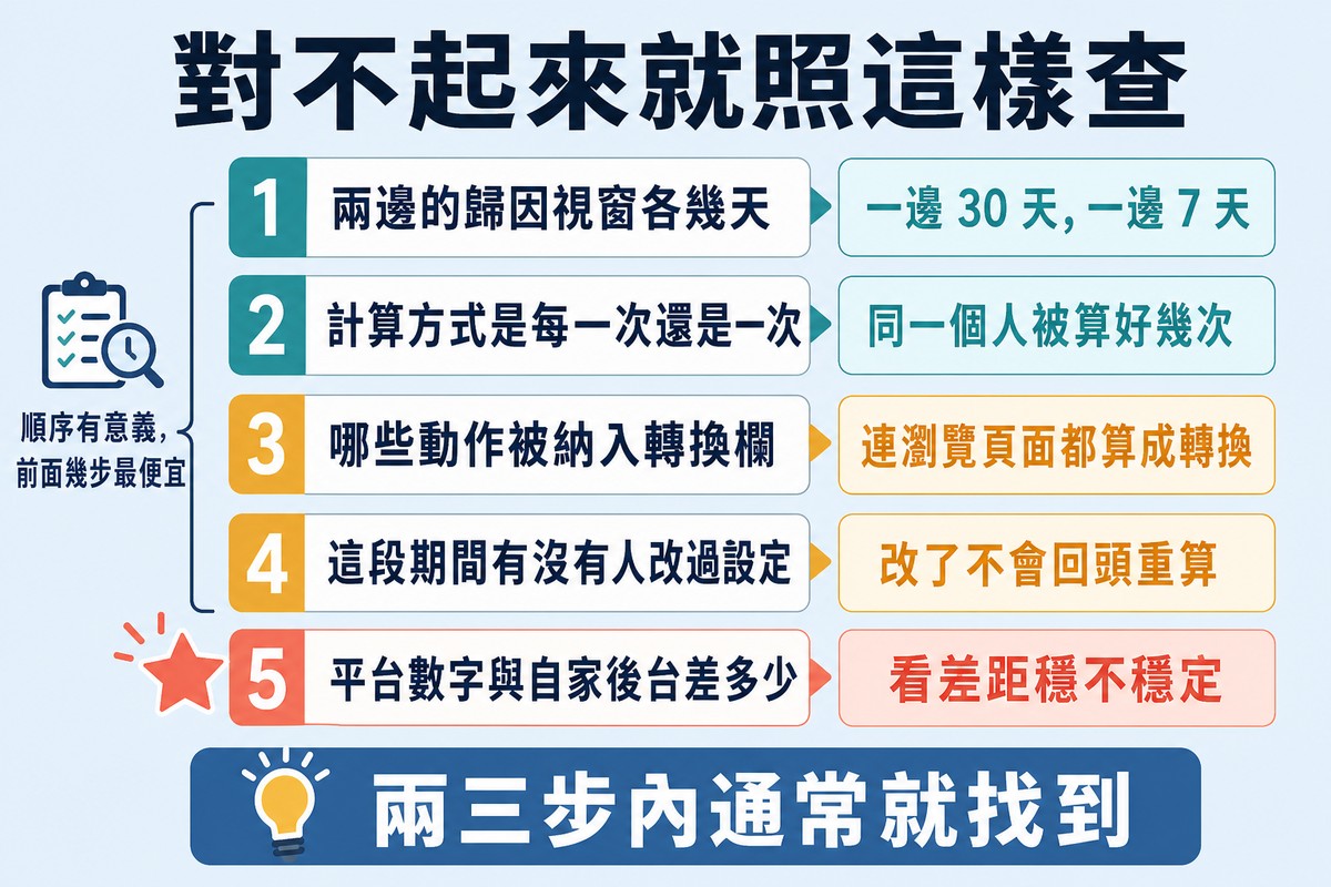 圖上方寫「對不起來就照這樣查」,五列編號依序是歸因視窗幾天、計算方式哪一種、哪些動作納入轉換欄、有沒有人改過設定、平台與自家後台差多少,最後一列加星號。