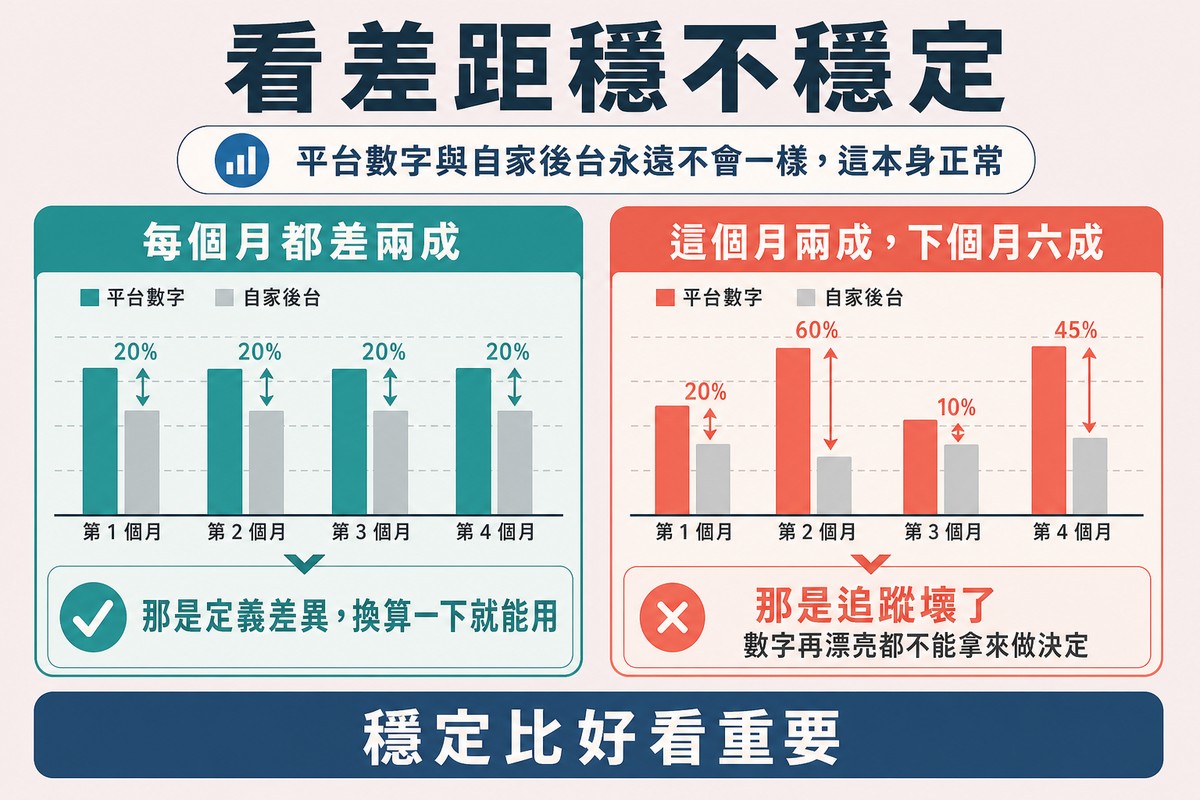 圖上方寫「看差距穩不穩定」,左邊四個月的差距都差不多,標示為定義差異可以換算;右邊四個月差距忽大忽小,標示為追蹤壞掉。