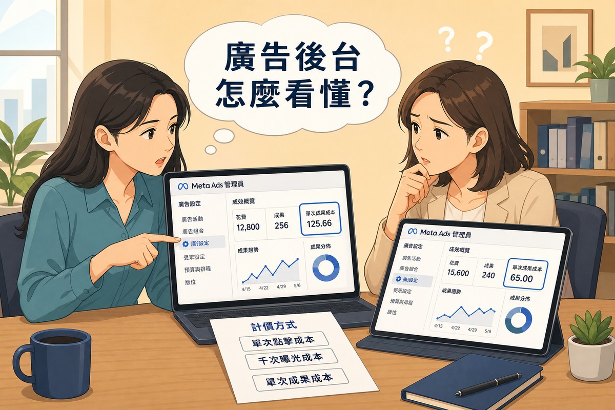 兩個同事在辦公桌前比對筆電與平板上的兩份廣告報表，兩邊的單次成效成本數字對不起來，其中一人指著設定面板而不是數字。