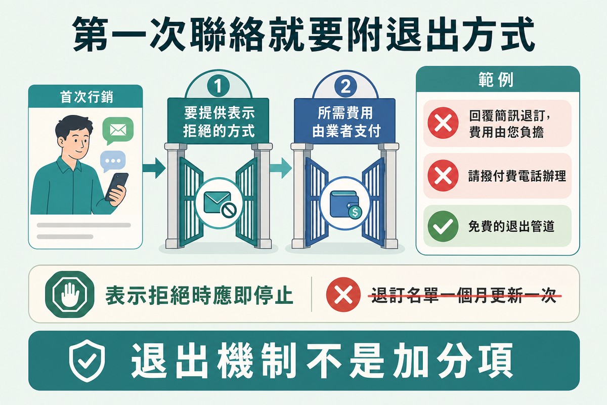一則首次行銷訊息通過兩道要求閘門,右邊三個範例兩個被劃掉、一個打勾,下方一條時效帶