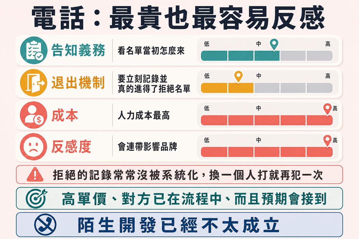 四列面向各配一個量表,成本與反感度兩列最高,下方一個常見失敗的註記與一條適用情境帶