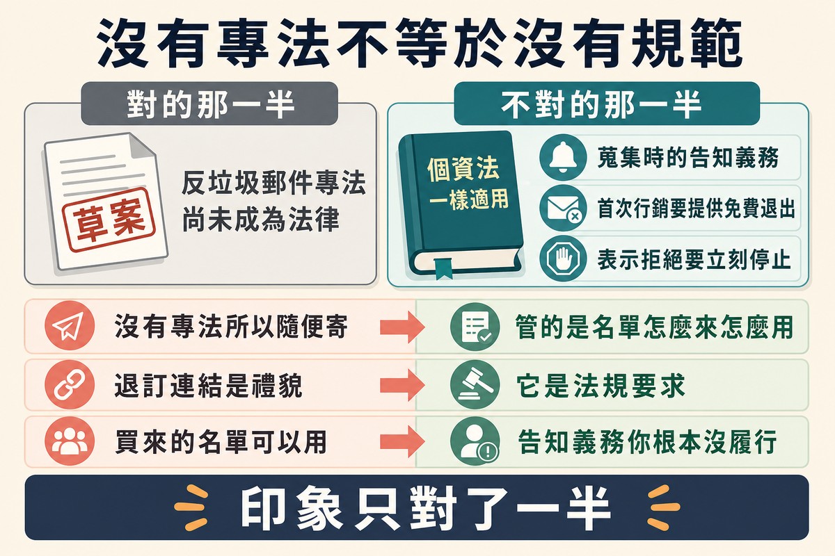 左邊蓋著草案印章的文件代表尚未成為法律,右邊法規書代表個資法一樣適用,下方三列誤解與實際的對照